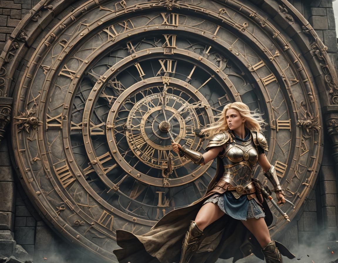 Blonde Warrior Battles Time Personified: Hyperrealistic Imag...