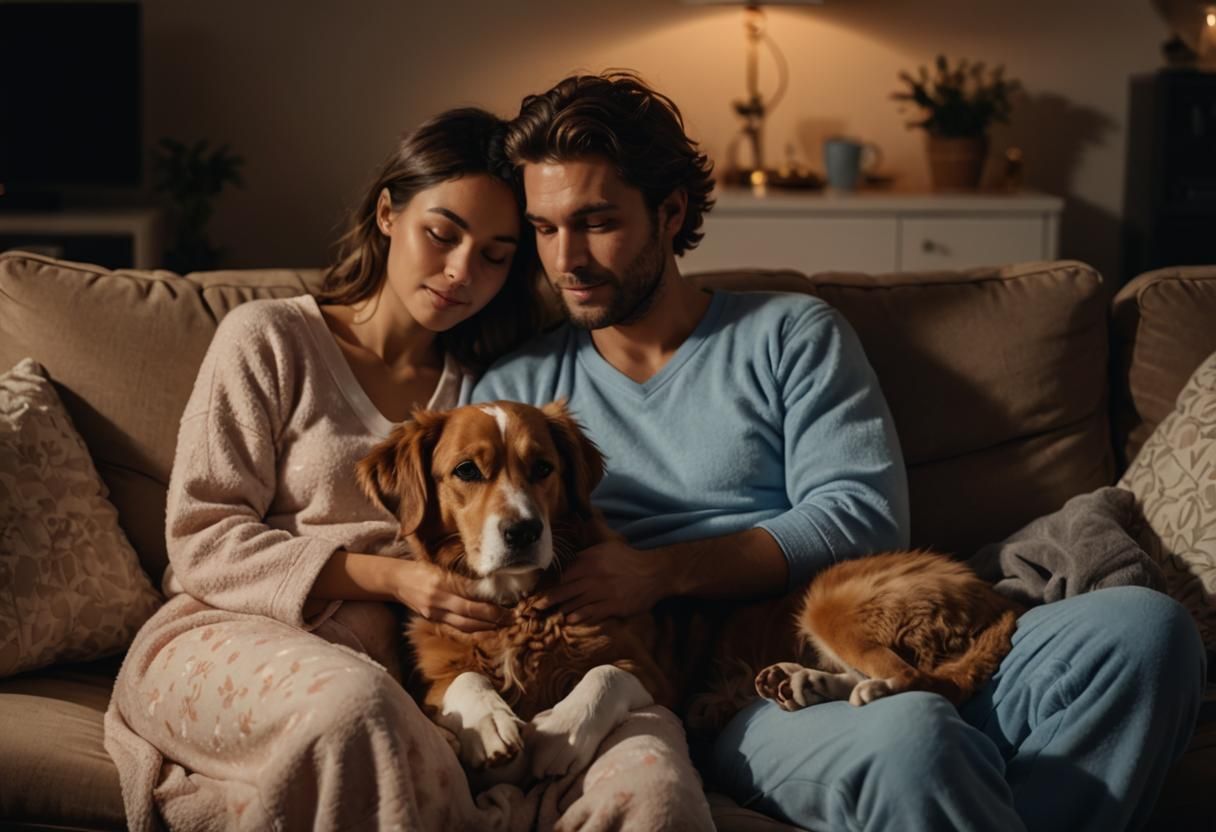 Cozy Couple Snuggling with Pets in Warm Light