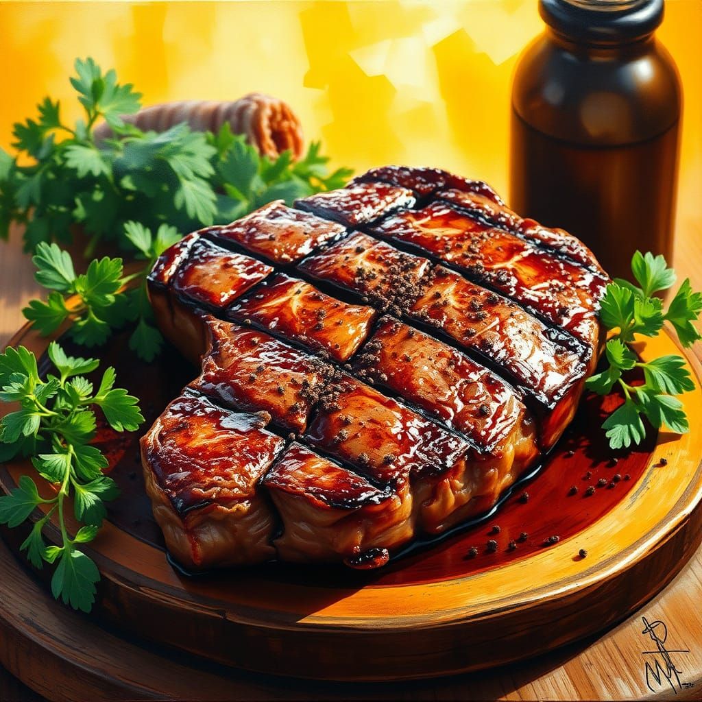 Grilled Steak in Gouache Style, Wood-Fired