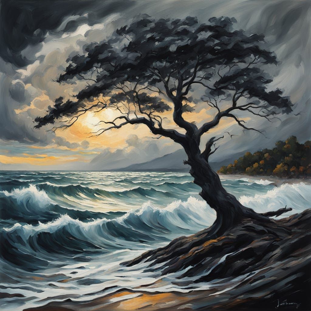 Turbulent Sea: Tree Silhouettes in Oil Painting Style