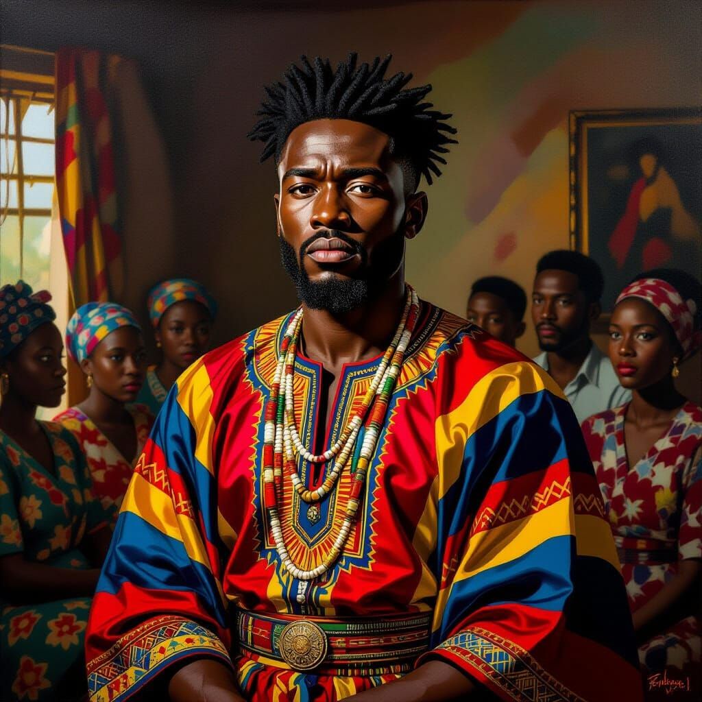 Melancholy Man in African Attire Amidst Admiring Villagers