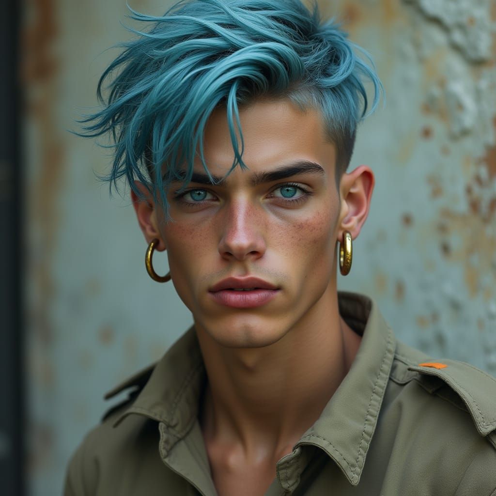 Dystopian Portrait of Young Man with Blue Eyes