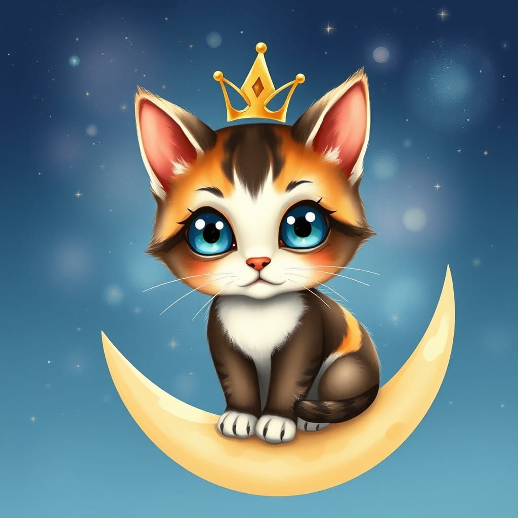 Whimsical Calico Cat on Moon With Golden Crown