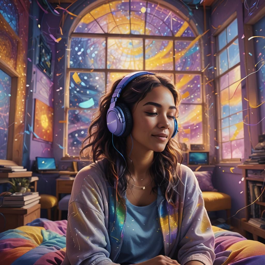 Woman Listening to Music in Dreamy Digital Art