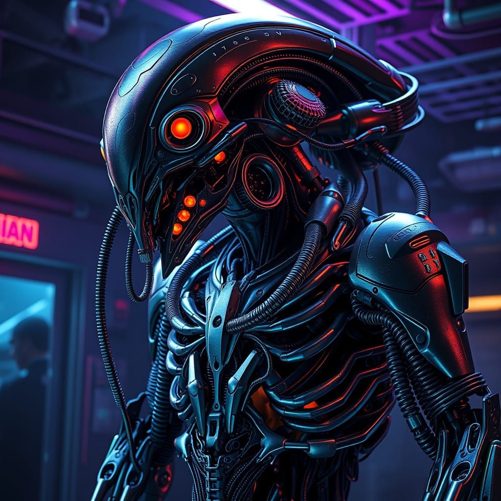 Biomechanical Hybrid in Neon-Lit Metropolis