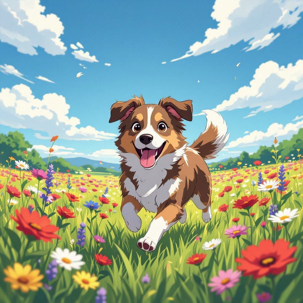 Joyful Dog Runs Through Vibrant Wildflower Field in Anime St...