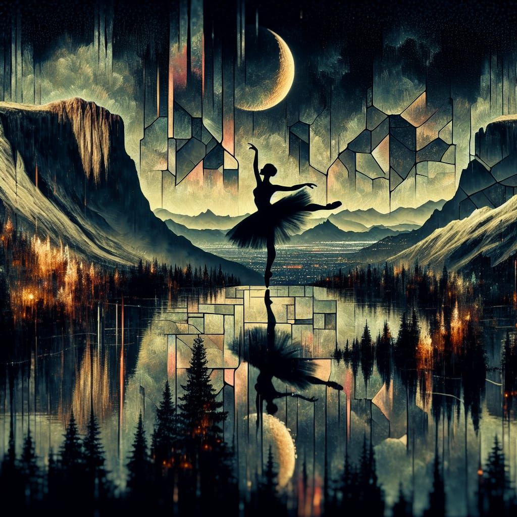 Melody of Dust: Ballet Dancer in Glitch Art Nouveau Landscap...