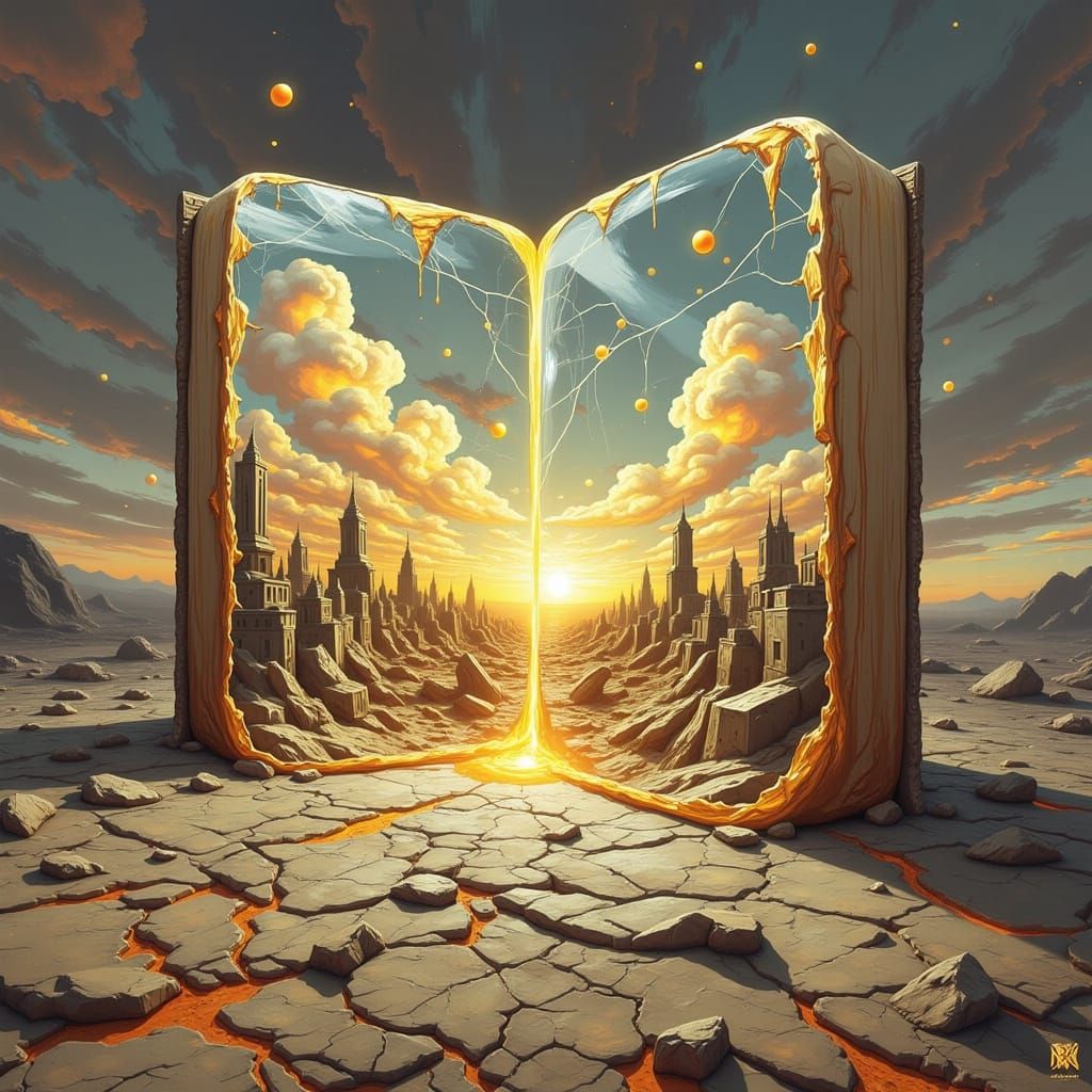 Glass Book on Cracked Earth in Surrealist Painterly Style