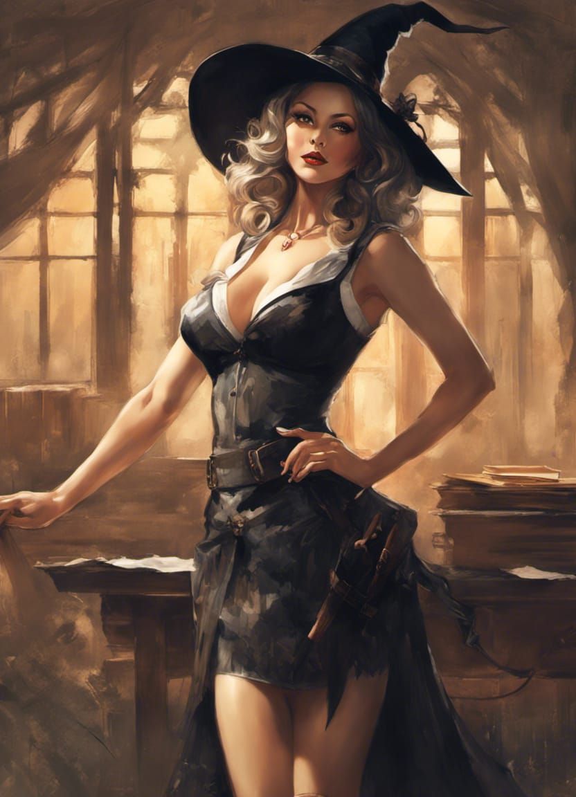 Pin-Up Witch Teacher in School, Digital Art