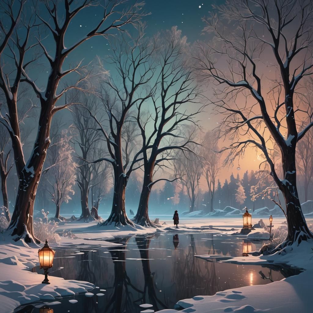 Frozen Lake Art Nouveau Scene in Cool Light