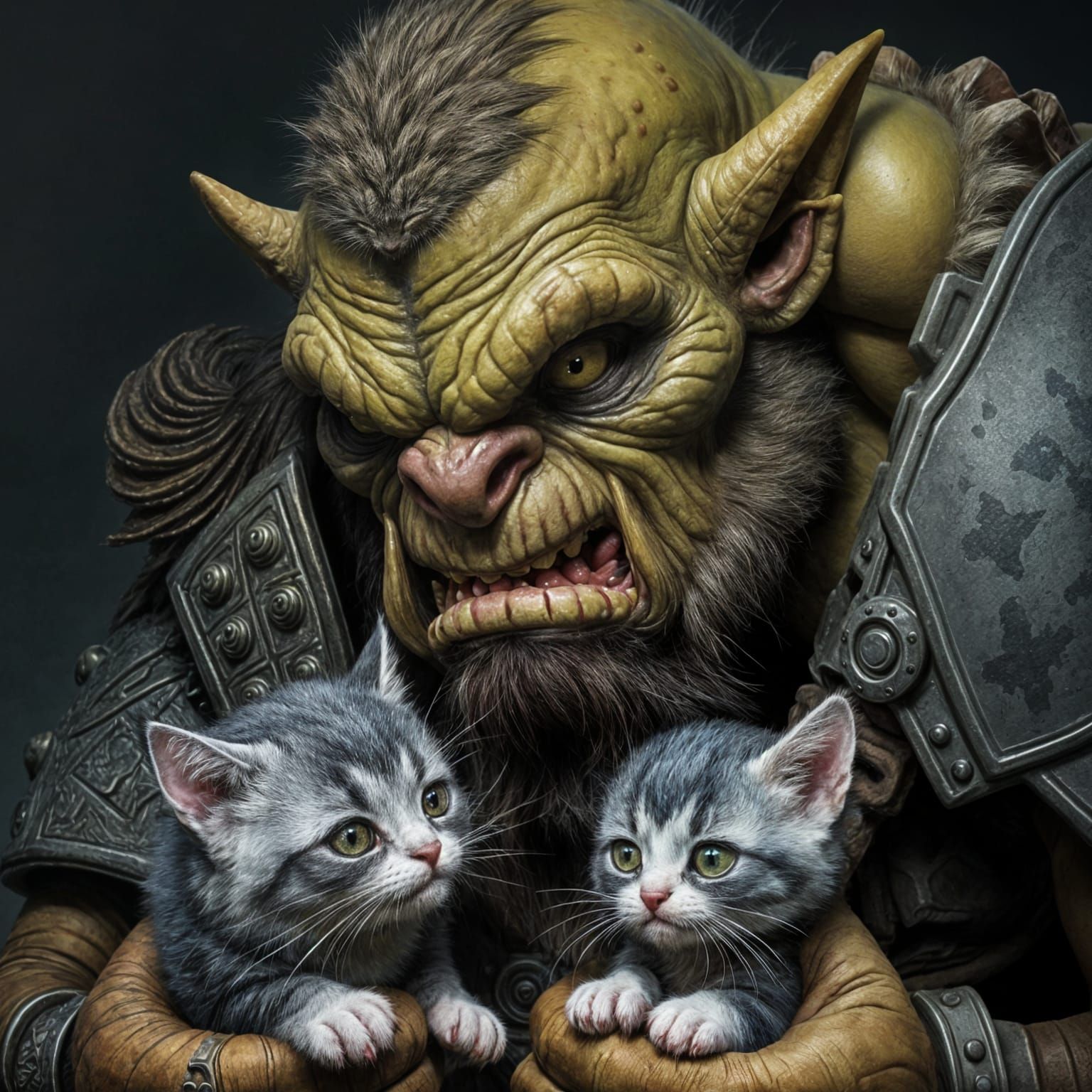 Hyperrealistic Orc Looks at Adorable Kitten in Intense Gaze