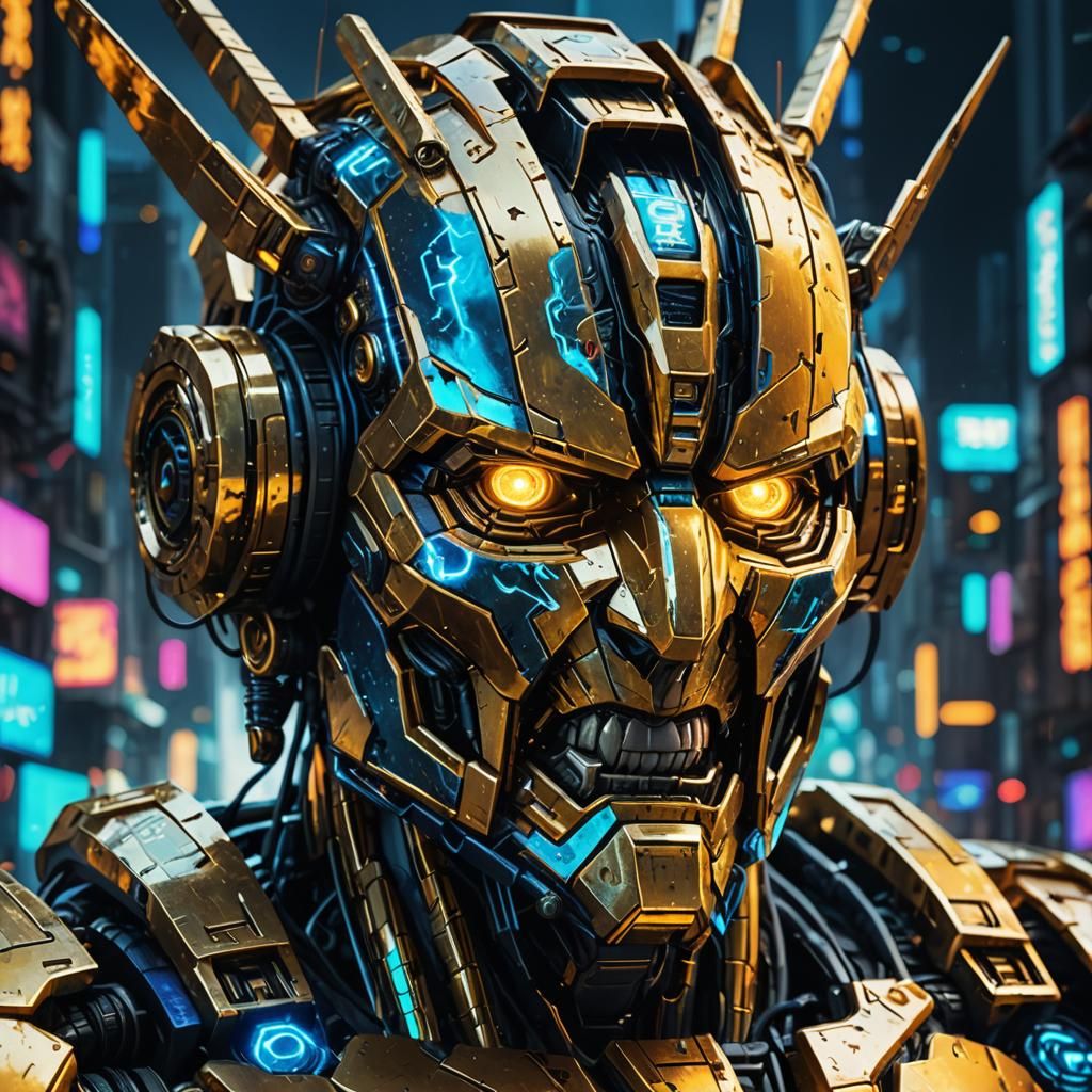 Angry Golden Transformer Face in Cyberpunk Style