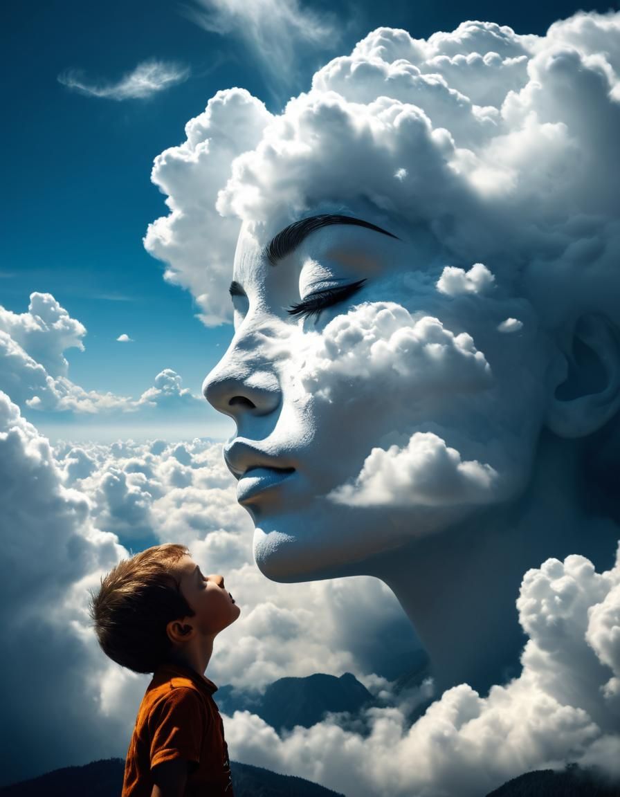 Giant Cloud Woman Sends Kiss to Boy