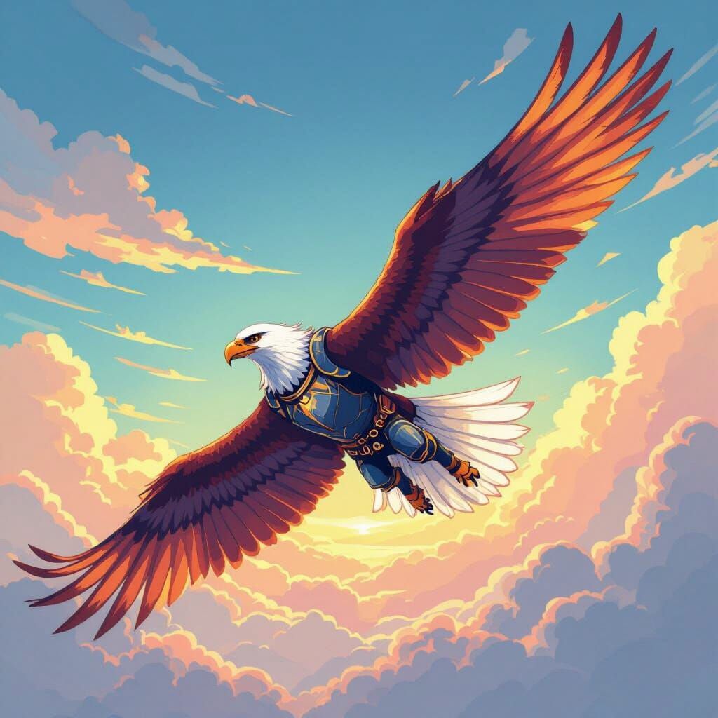 Pixel Art Anime Knight Eagle Soaring in Vibrant Style