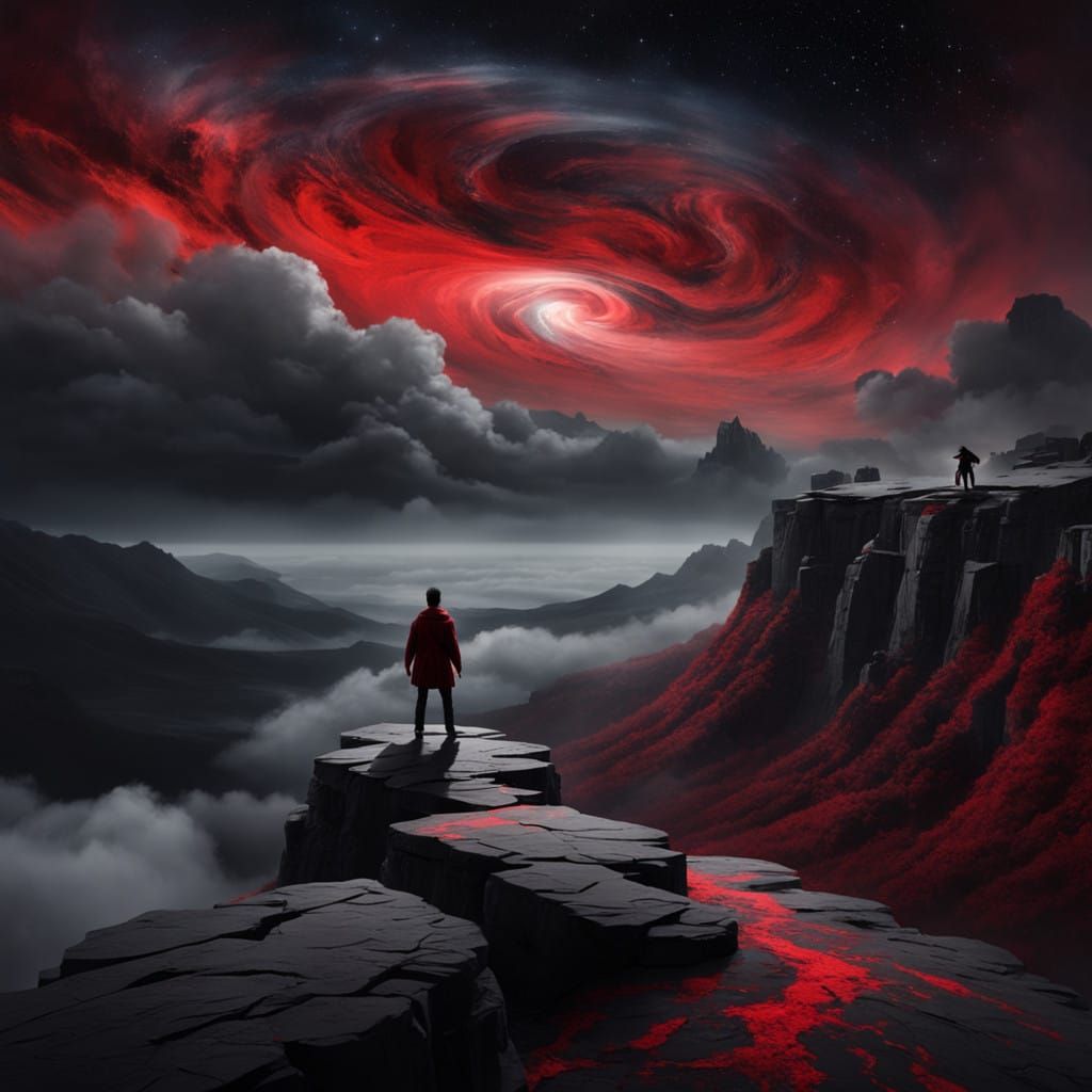 Mystic Figure Shouts to the Ominous Night Sky in Red and Bla...