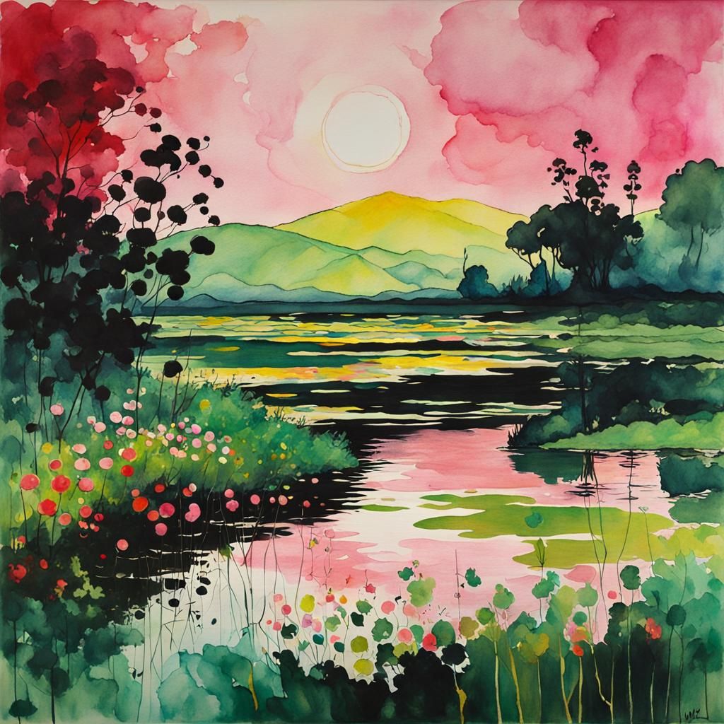 Watercolor Landscape with Dark Pink Reflections