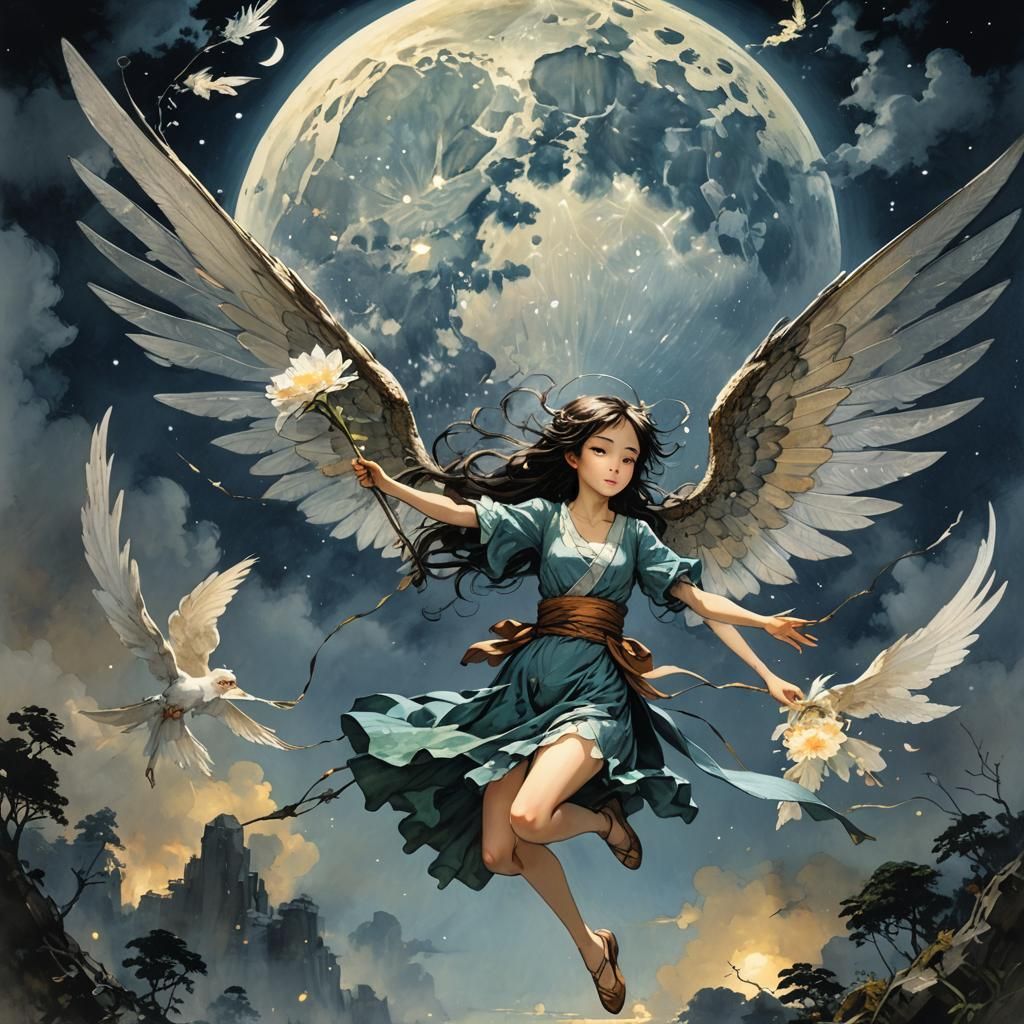 Fairy Flight Under Moon in Watercolor Style