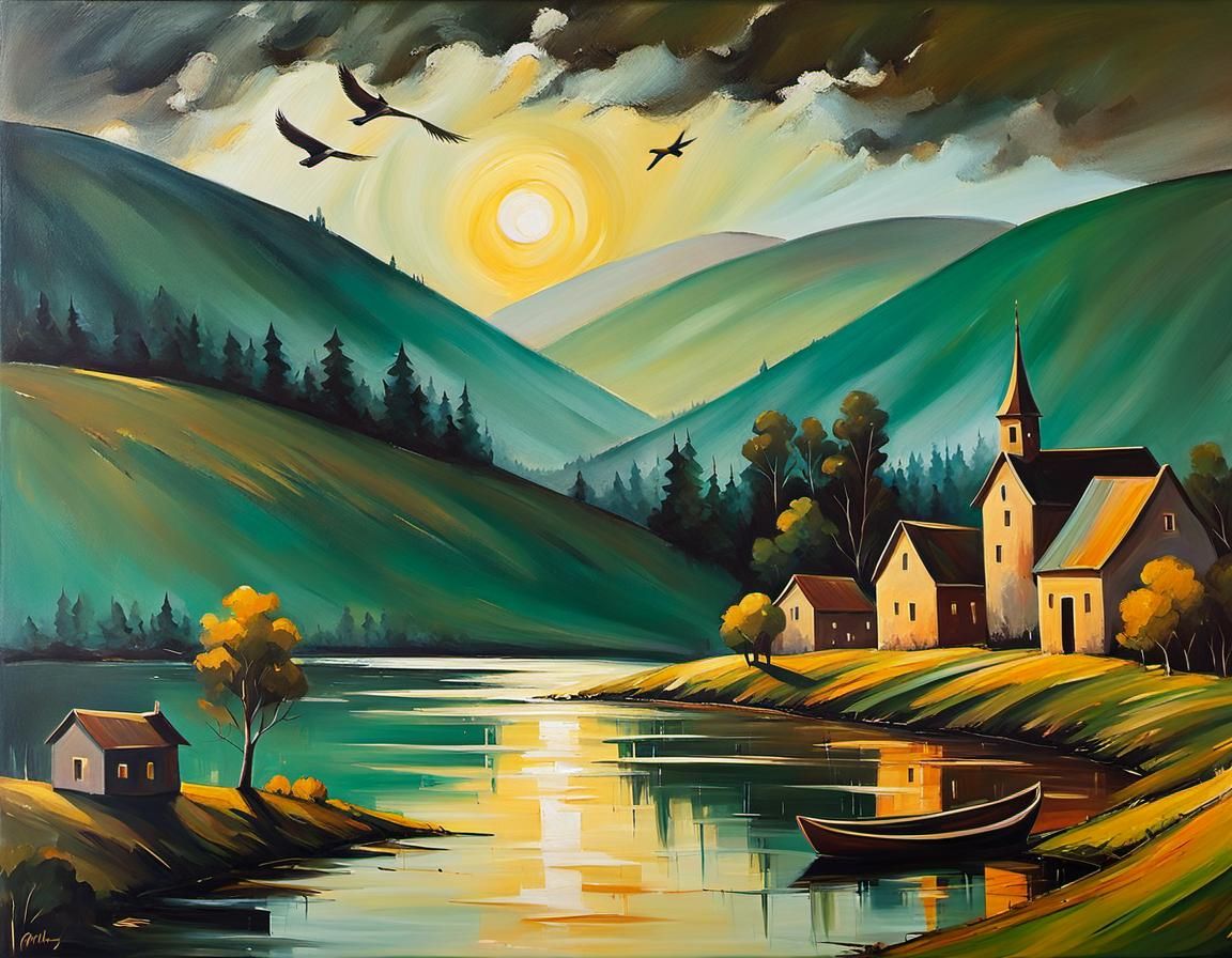 Romantic Village Landscape Painting in Traditional Style