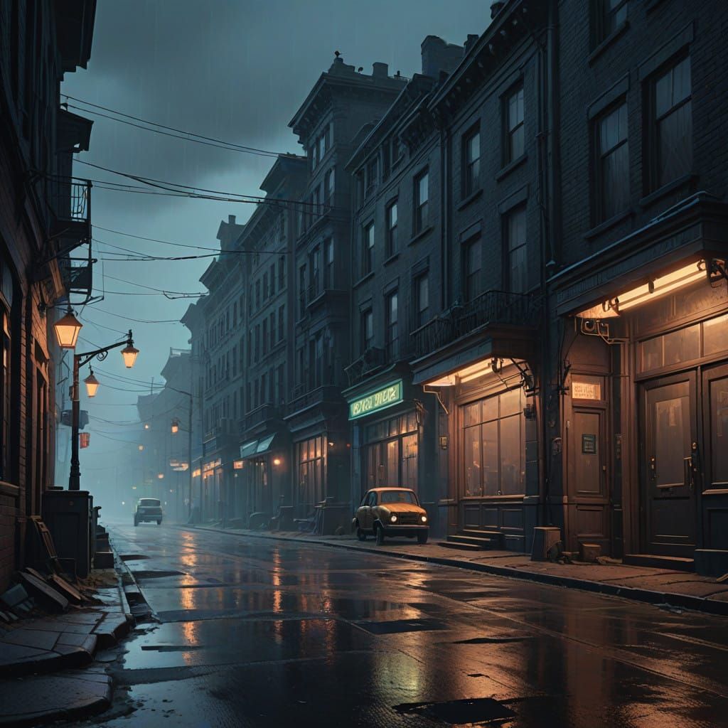 Mysterious, Mist-Shrouded Street Scene in Cyberpunk Style