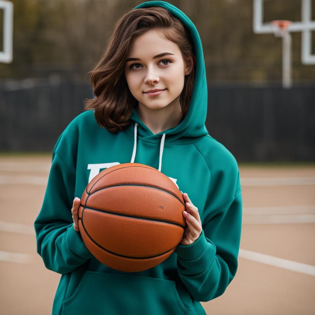 Teen Girl with Basketball and Teal Hoodie