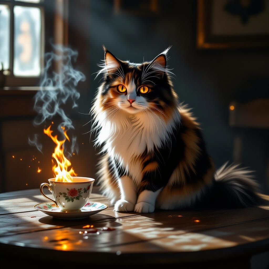 Calico Cat Amidst Liquid Fire in Dimly Lit Room