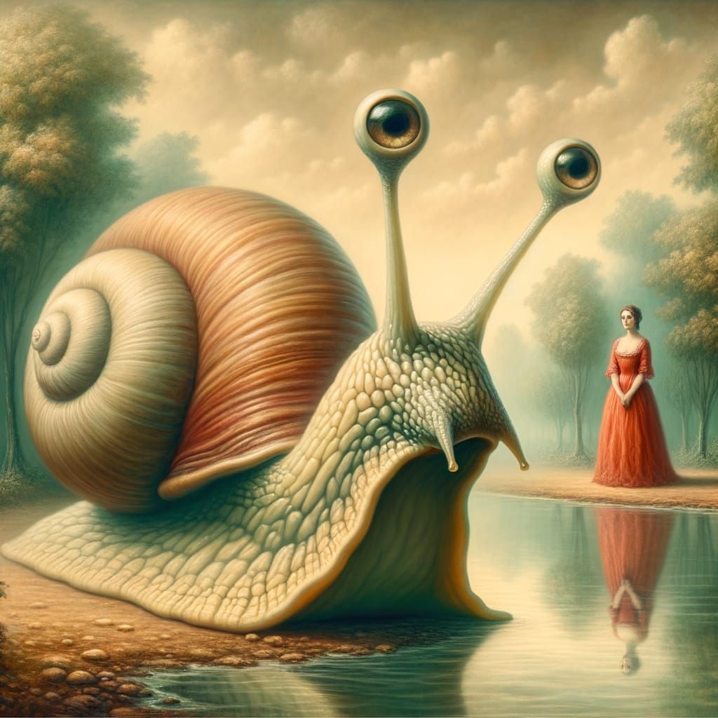 Surreal Snail and Woman in Dreamlike Landscape