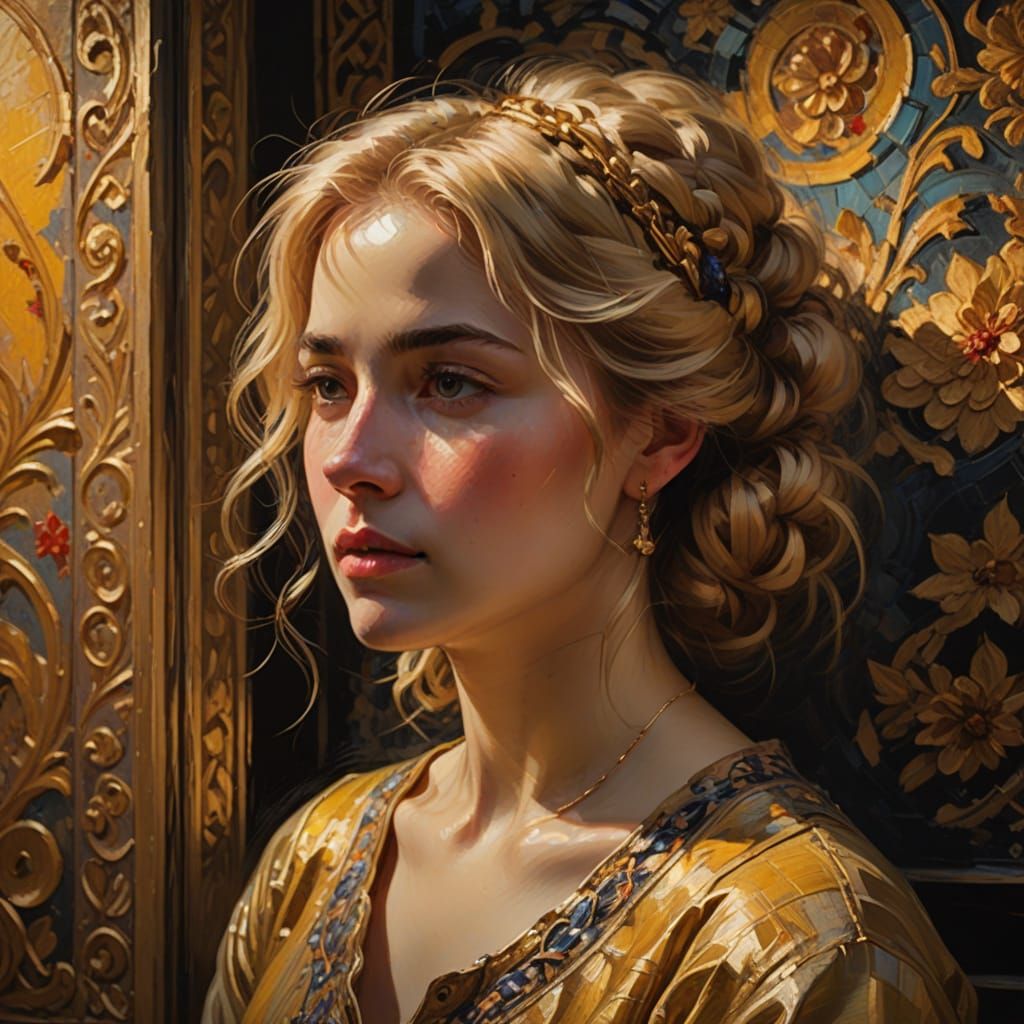 Elegant Woman Observes Painter with Interest in a Vibrant Im...