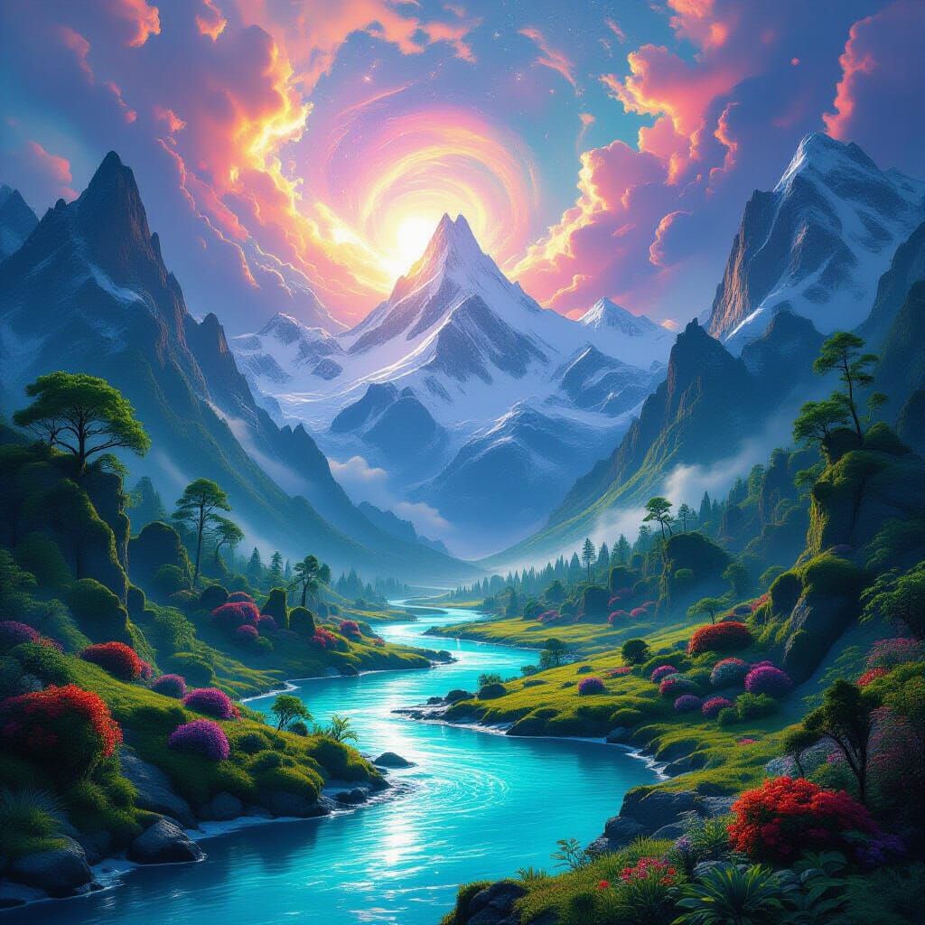 Hyper-Realistic Mountain Landscape with Nebula Sky