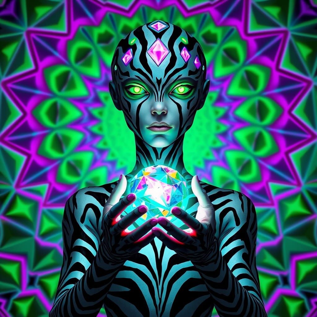Surreal Cyberpunk Portrait with Glowing Eyes and Multicolore...