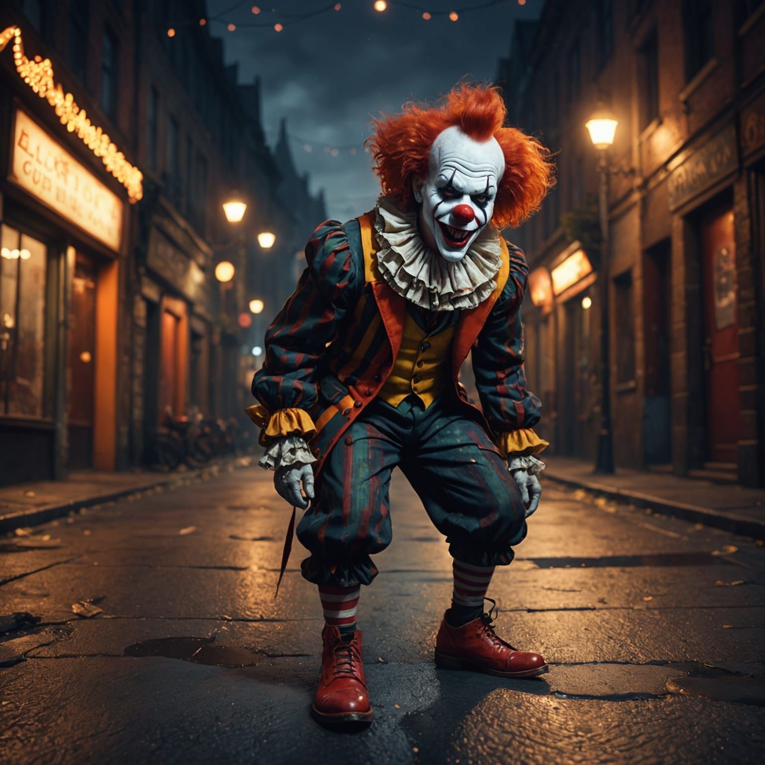 Menacing Clown in Empty Street: Fantasy Concept Art