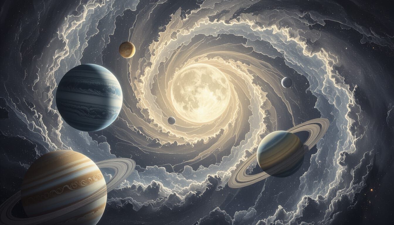 3D Galaxy Drawing with Planets and Full Moon