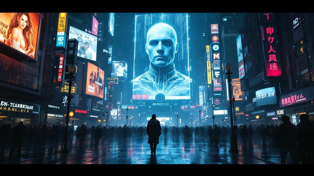 Cyberpunk Cityscape with Neon Lights and Holographic Ads