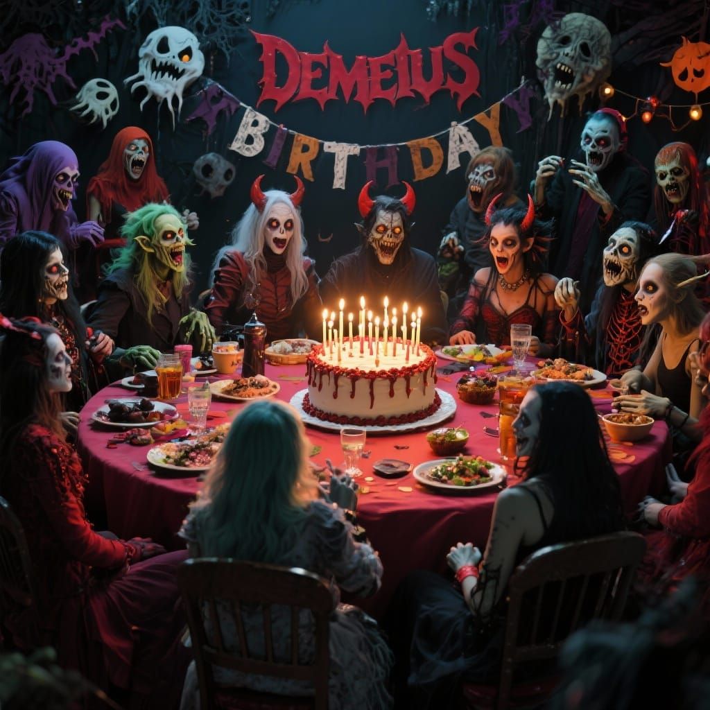 Demons and Ghouls Celebrate Birthday Around Creepy Decorated...