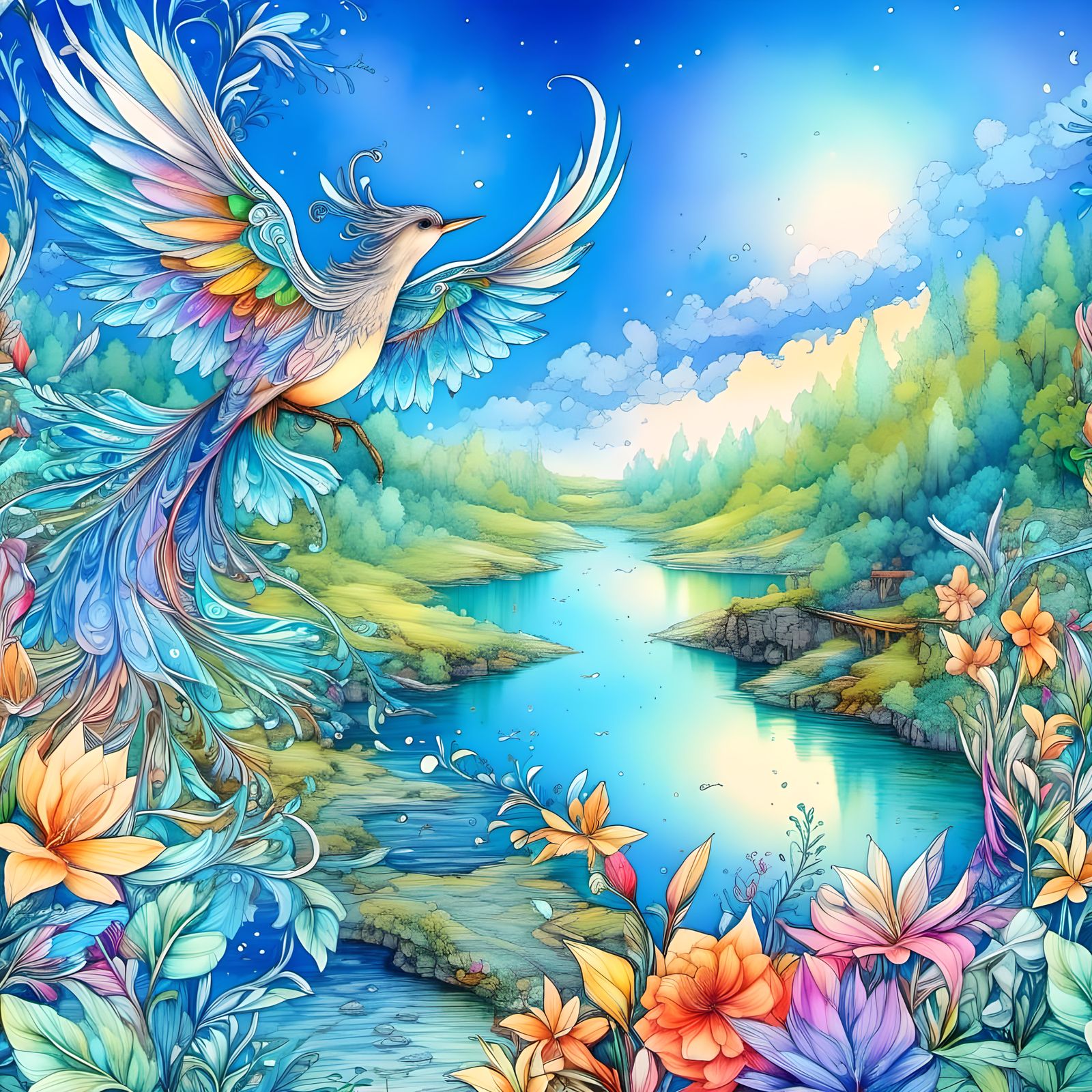 <lora:Dalle 3 lora 1:1.0> Whimsical fantasy bird, shimmering...