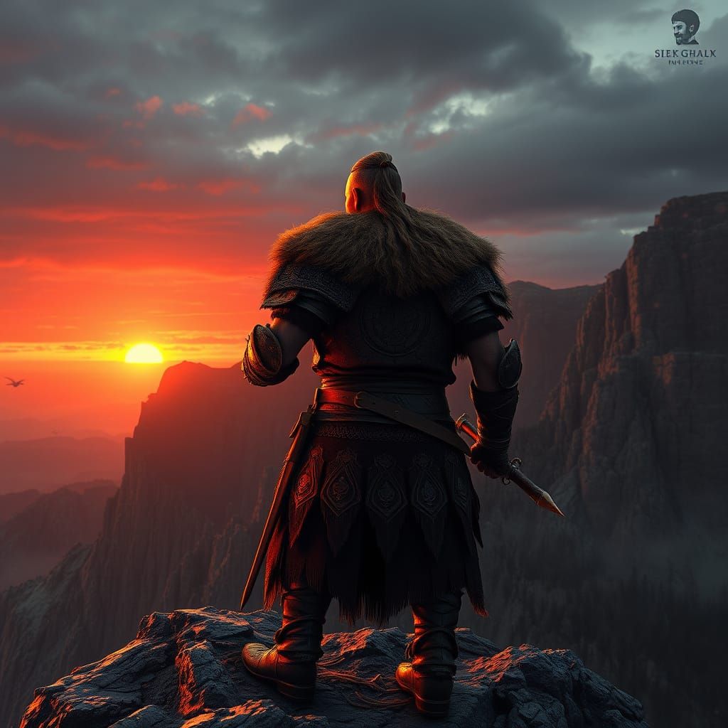 Viking Warrior Stands Heroically on Cliffside, Norse Mytholo...