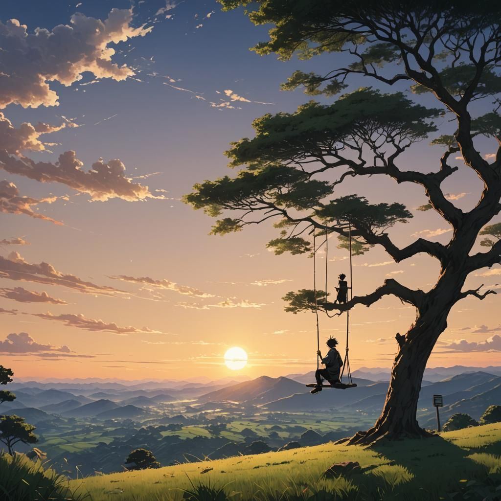 Anime Character on Swing at Dawn, Ghibli Style