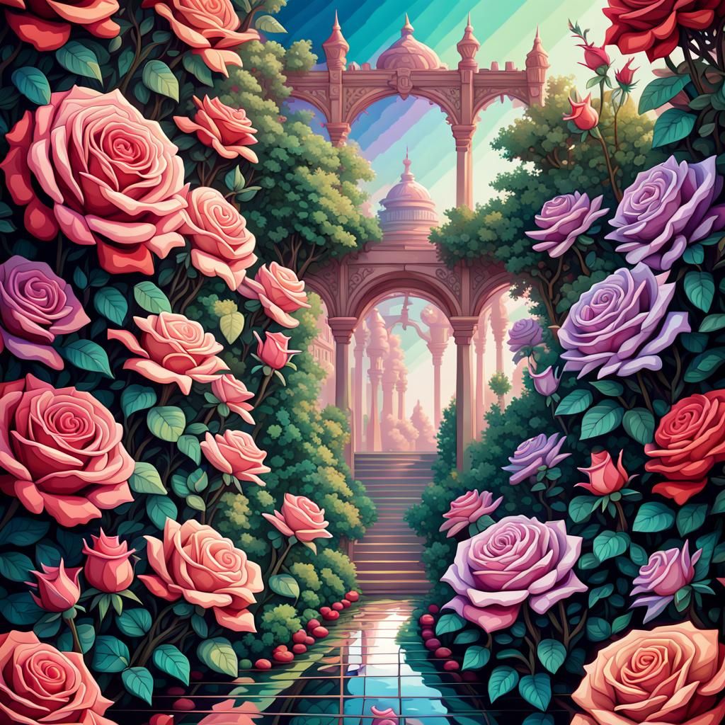Detailed Iridescent Pixel Art Rose Garden
