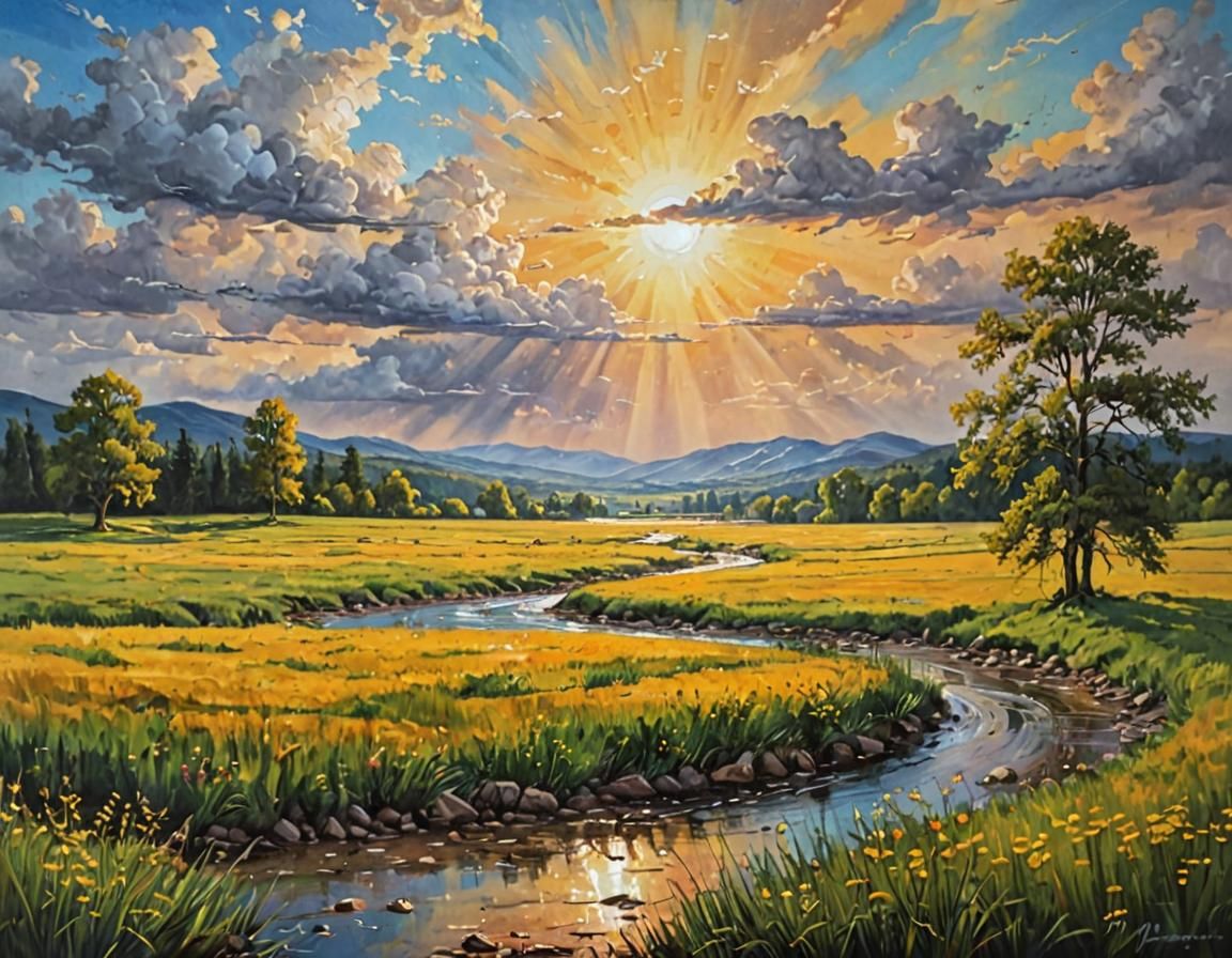 Rustic Acrylic Painting: Golden Light After the Rain