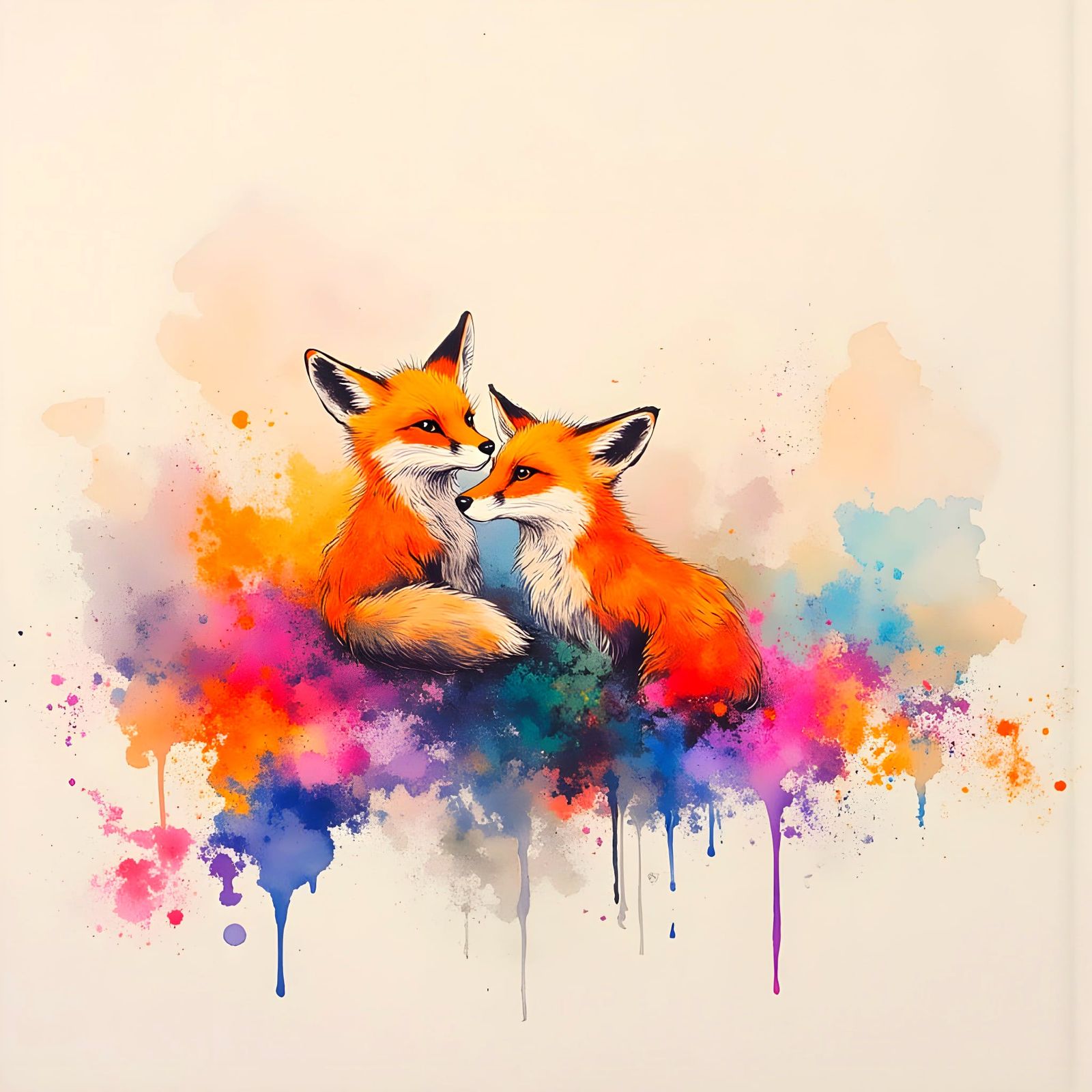 Fox and Kits in Abstract Hand-Painted Style