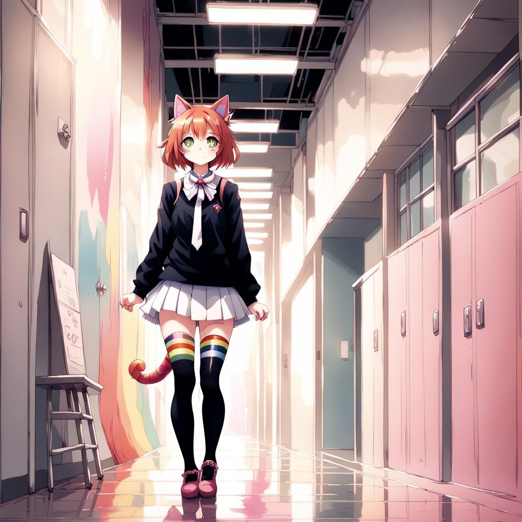 Anime Style Neko Girl in School Hallway