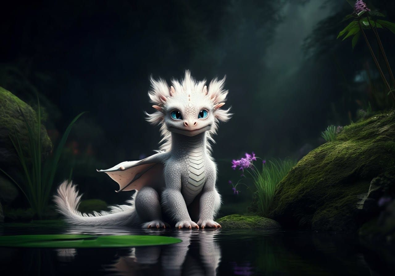 Young White Dragon by Pond: 8K Fantasy Art