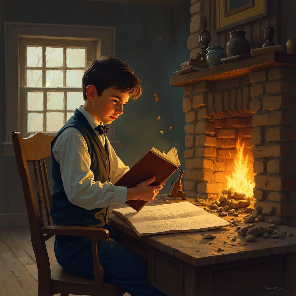 Young Lincoln Reading by Fireplace and Splitting Logs