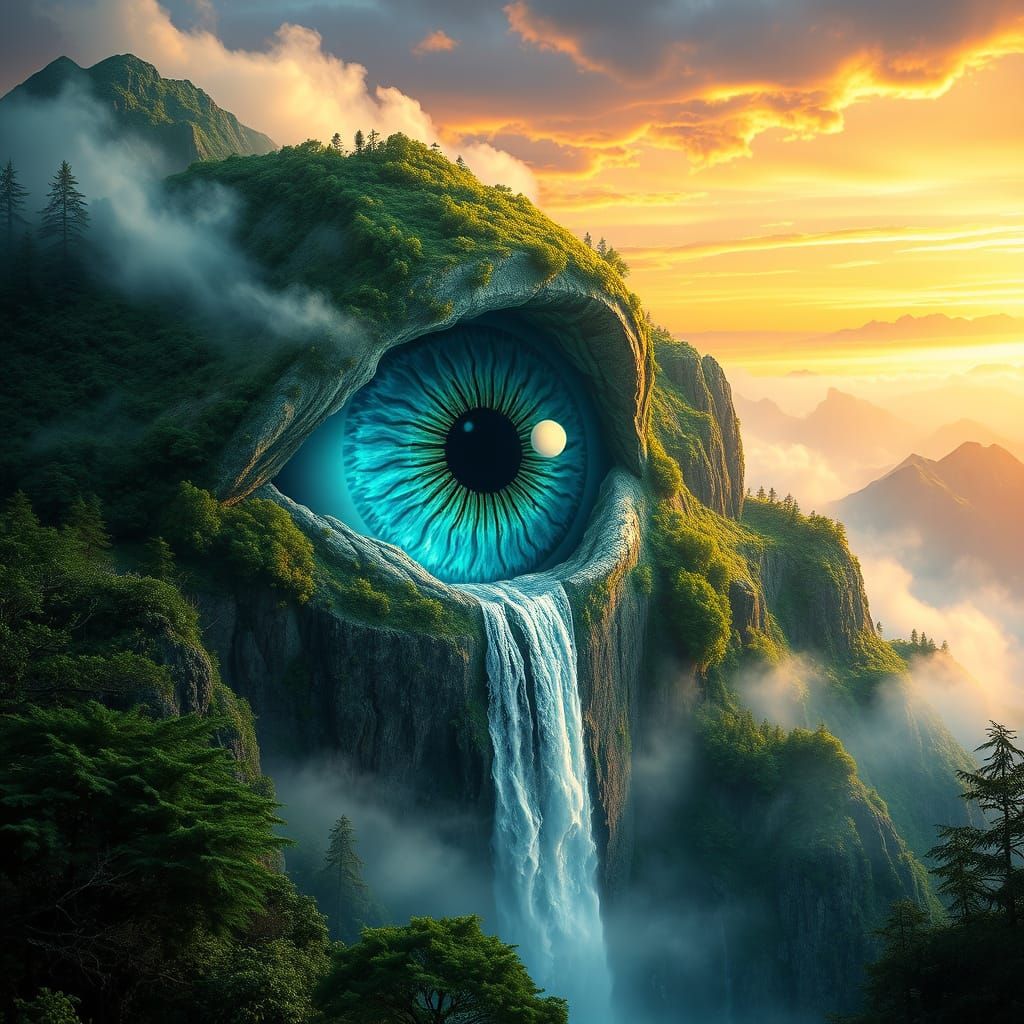 Surreal Eye Pierces Through Verdant Mountains in Whimsical L...