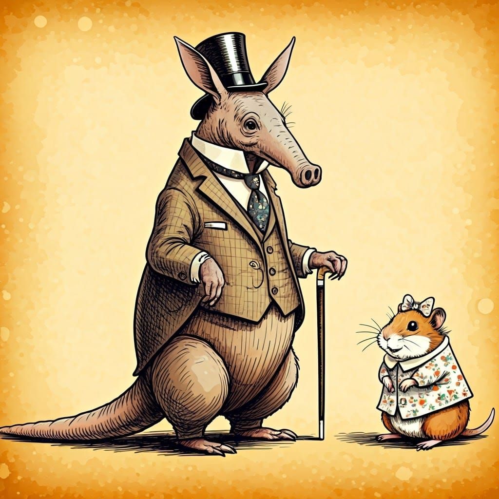 Whimsical Aardvark and Hamster Chat in Pen-and-Ink Style