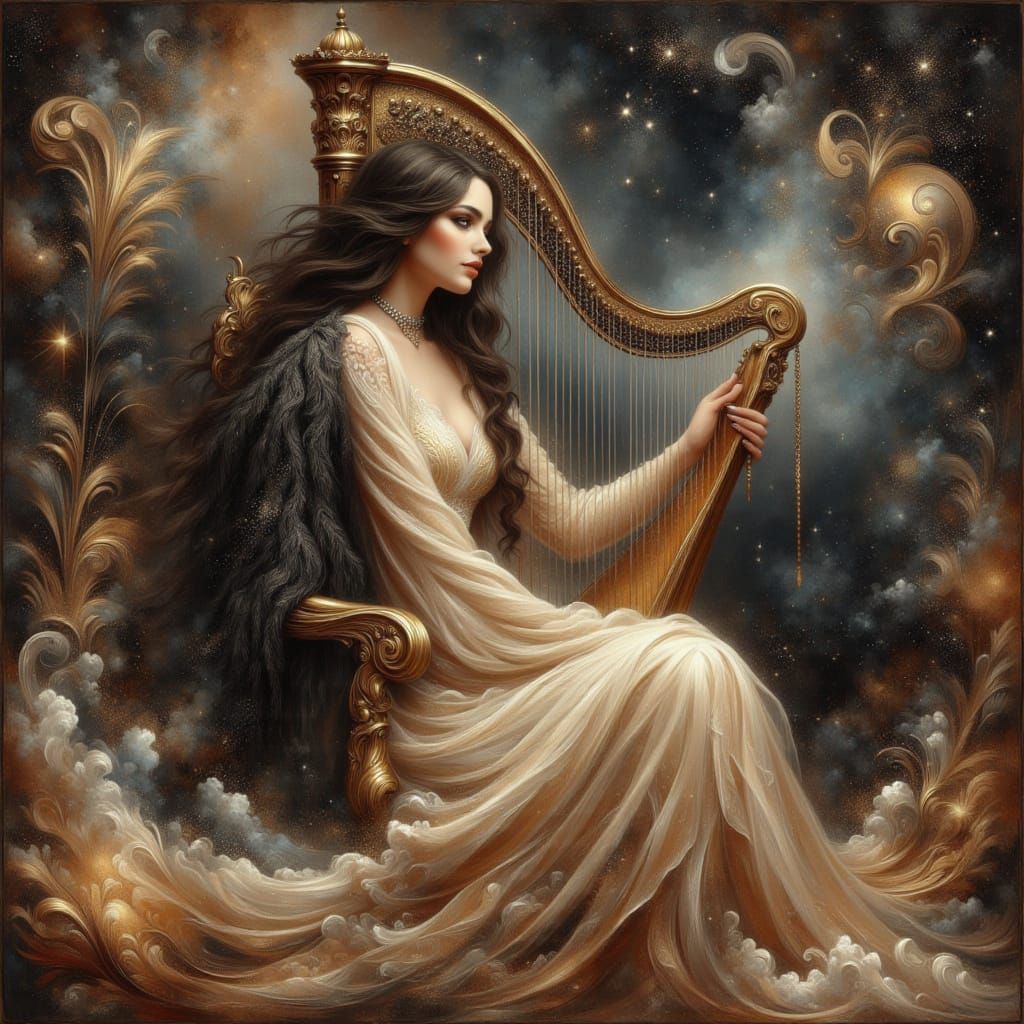 Bohemian Beauty Plays Grand Harp in Cosmic Tapestry