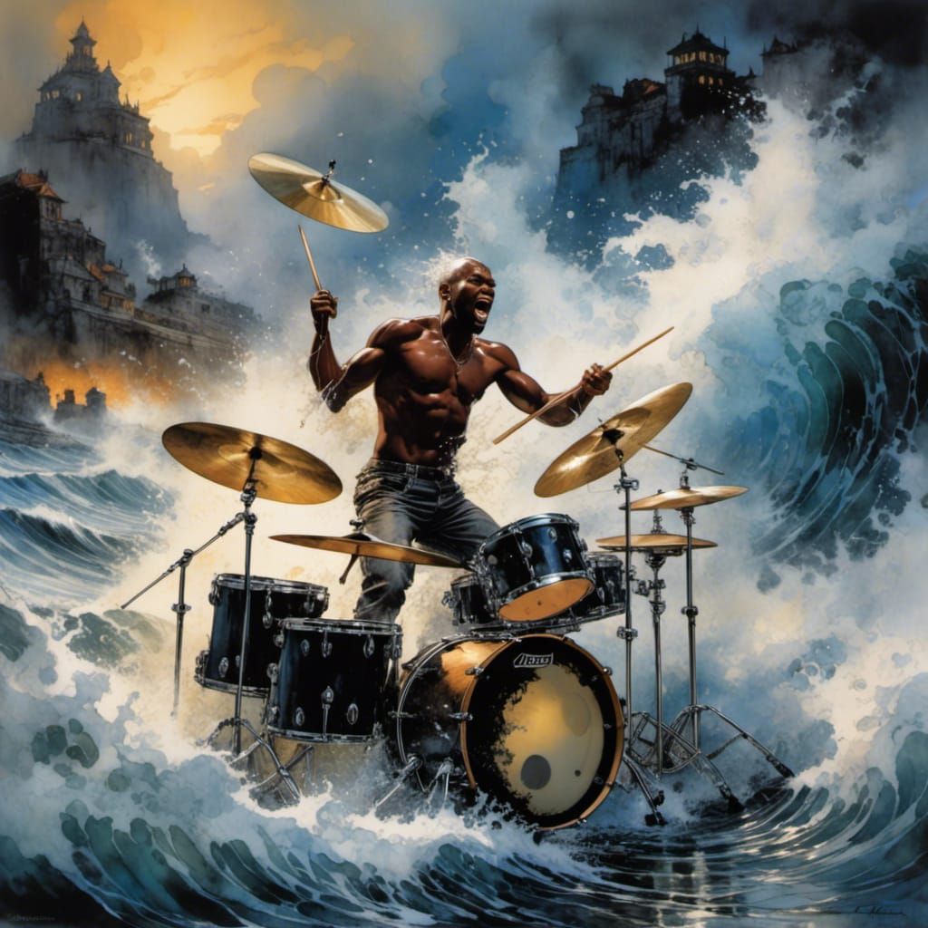 Drummer Playing in Tsunami as Oil Matte Painting