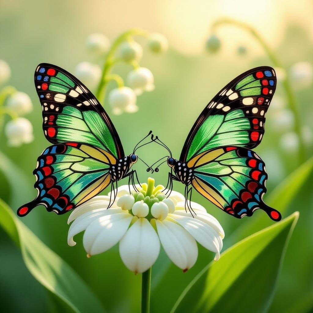 Butterflies with Stained Glass Wings Amidst Lush Art Nouveau...