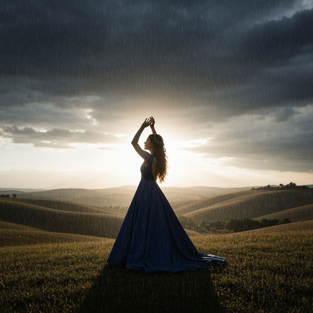 Woman in Blue Gown, Sfumato Style Under Stormy Sky