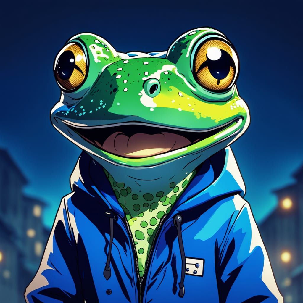 Surprised Frog in Blue Jacket: Anime Style