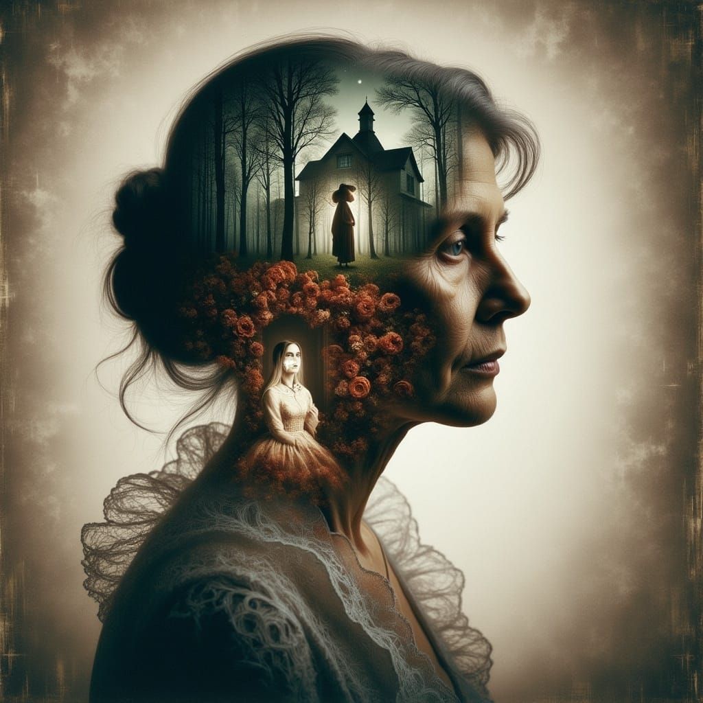 A Girl Fleeing a House Under Starlight in a Dreamlike Double...